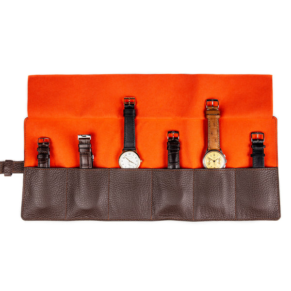 Monochrome - Rotolo di orologio in pelle - Marrone scuro e arancione